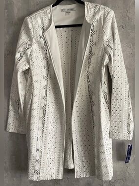 NWT Peter Nygard HighSociety Open Front Wht Eyelet Over Jacket Veg Leather Sz14